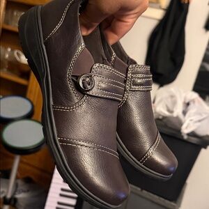 Clarks Collection Womens 10 Wide Brown Leather Slip On Loafers